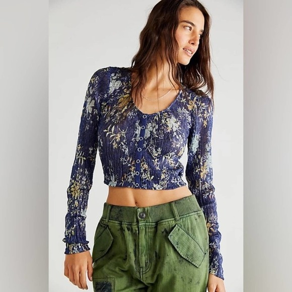 New We The Free Free People Angelina Long Sleeve Top in Indigo Combo Size XS $78 - Picture 1 of 7